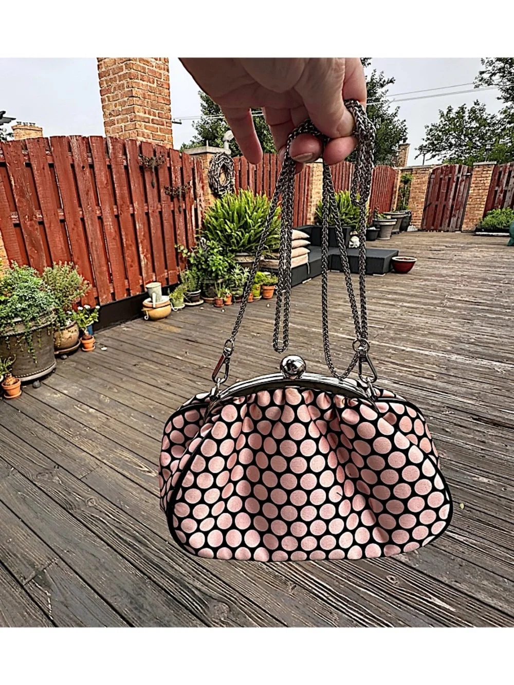 GLENDA GIES Satin Evening Puffy Bag Pink & Black Polka Dot Framed Silver Chain